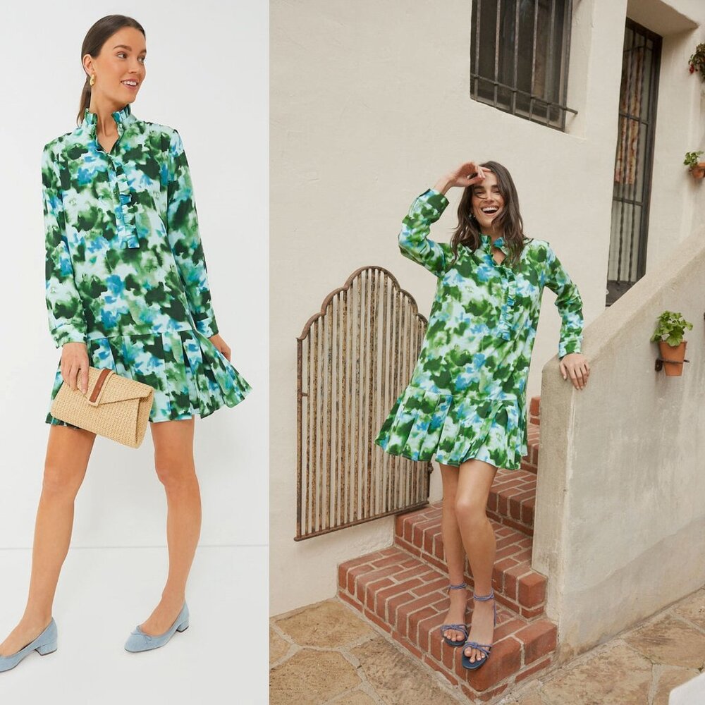 Tuckernuck Green and Blue Floral Long-Sleeve Ruffle Hem Dress